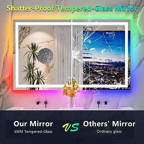 Image of 60x36 Inch RGB LED Bathroom Mirror Front Light and RGB Backlit Lighted Vanity Mirror for Bathroom Wall Mounted Dimmable Anti Fog Memory Shatter-Proof IP54 Waterproof Horizontal /Vertical