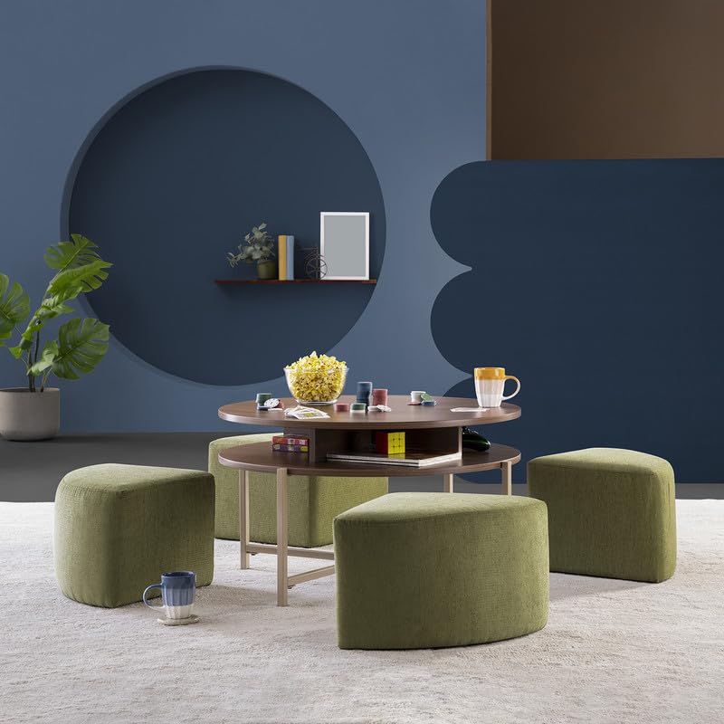 Image of FURLENCO Engineered Wood FOMO Nested Center Table with 4 Pouffs in Mushroom Beige, Space-Efficient Table Set for Living Room (Smoked Walnut - Small)