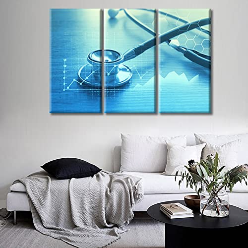Image of TUMOVO Stethoscope Artwork Wall Decor Posters and Prints 3 Panels Clinical Laboratory Pictures Wall Decor for Bedroom Poster Medical Art Prints Framed Ready to Hang (42 inch Wx28 H)