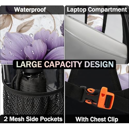 Beautiful Purple Flowers Clear Backpack Stadium Approved PVC Backpacks for Adults Heavy Duty Clear Bag for Work Security Travel College4