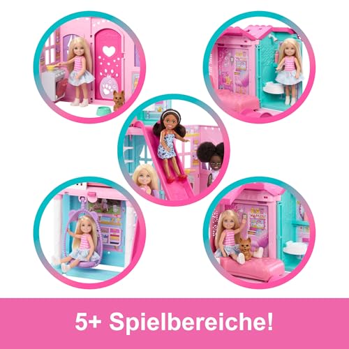 Barbie Chelsea Spielzeug-Puppenhaus mit über 15 Accessoires, das Pop-up-Haus erweitert Sich auf über 42 x 33 cm mit 5 Spielbereichen und Rutsche, mit Kleiner Puppe und Hund, JFW49
