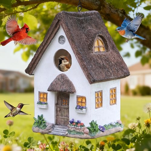 Bird Houses for Outside Rustic Cottage Birdhouse with Thatch Roof – Hand-Painted Resin Birdhouses for Outdoors for Bluebird Finches Cardinals Bird Nesting Garden, Patio, Yard