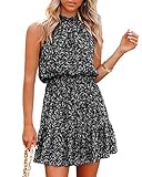 Women's Summer Floral Halter Dresses - Sleeveless Backless Vintage Boho Ruffle Belt Sexy Short Dress