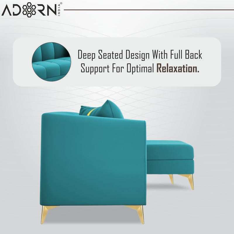 Image of Adorn India Premium Mystic - 3 Years Warranty - L Shape 4 Seater Sofa Set Velvet Suede Fabric - Aqua Blue