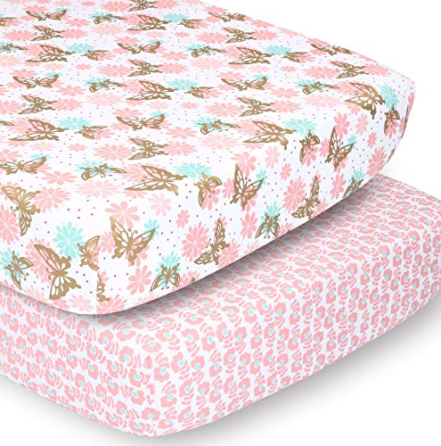 Image of The Peanutshell Crib Sheet Set for Baby Girls | Pink and Gold Butterfly & Pink Ditsy Floral | 2 Pack Set
