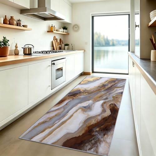 Tapis lavable agate dorure luxe glamour marron 80x200 cm