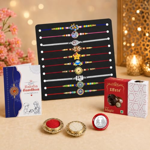 Image of Garth 10 Rakhis Multicolor Rakhi for Brother & Bhaiya with Chocolate Magic 32gm - Raksha Bandhan Gift Set with Roli Tikka, Pooja Coin & Greeting Card | Rakhi Thread for Brother, Pack of 14 (MC150)