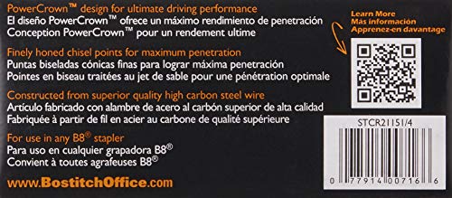 Bostitch Office B8 Powercrown Premium Staples, 0.25 Inch Leg, Full-Strip (Stcr21151/4), Silver #TOP2