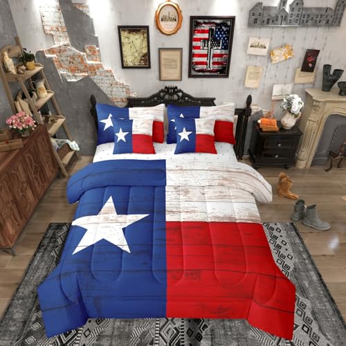 Image of Western Texas Star Comforter Set 7 Piece Bed in a Bag Twin | Vintage American Flag Bedding Sets Cowboys Gifts White Red and Blue Comforter and Sheet Set,Grunge United States Flag Farmhouse Bed Sets