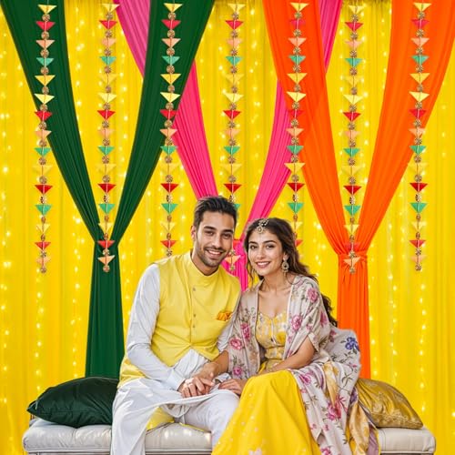 Image of Party Propz Ganpati Decoration Setup for Home - 18Pcs Ganpati Decoration Items with Triangle Hanging, Fairy Light, Varamahalakshmi Decorative Items, Backdrop Cloth for Decoration Pooja (Net Curtain)
