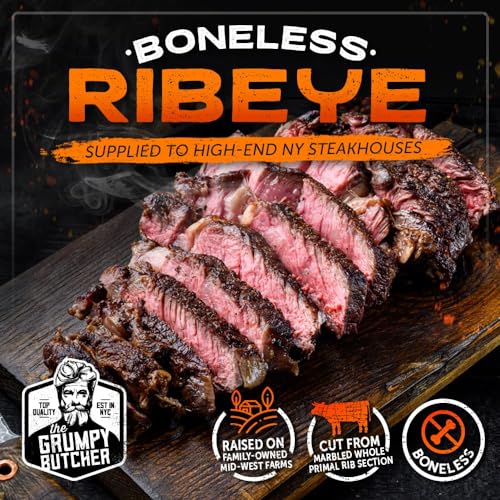 Grumpy Butcher Large Ribeye Steaks, 4 Pack (12 oz each) - Prime Steakhouse Beef Ribeye Steak Meat - Birthday Gifts for Men in Grumpy Butcher Meat Gift Packages Specials Option