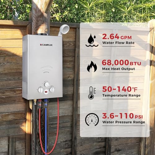 Image of CAMPLUX Tankless Water Heater - 2.64GPM Portable Propane Heater for Off Grid, Camping, Outdoor Shower - 68,000 BTU - BW264G - Gray