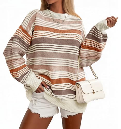 Saodimallsu Womens Striped Sweater Color Block Crew Neck Long Sleeve