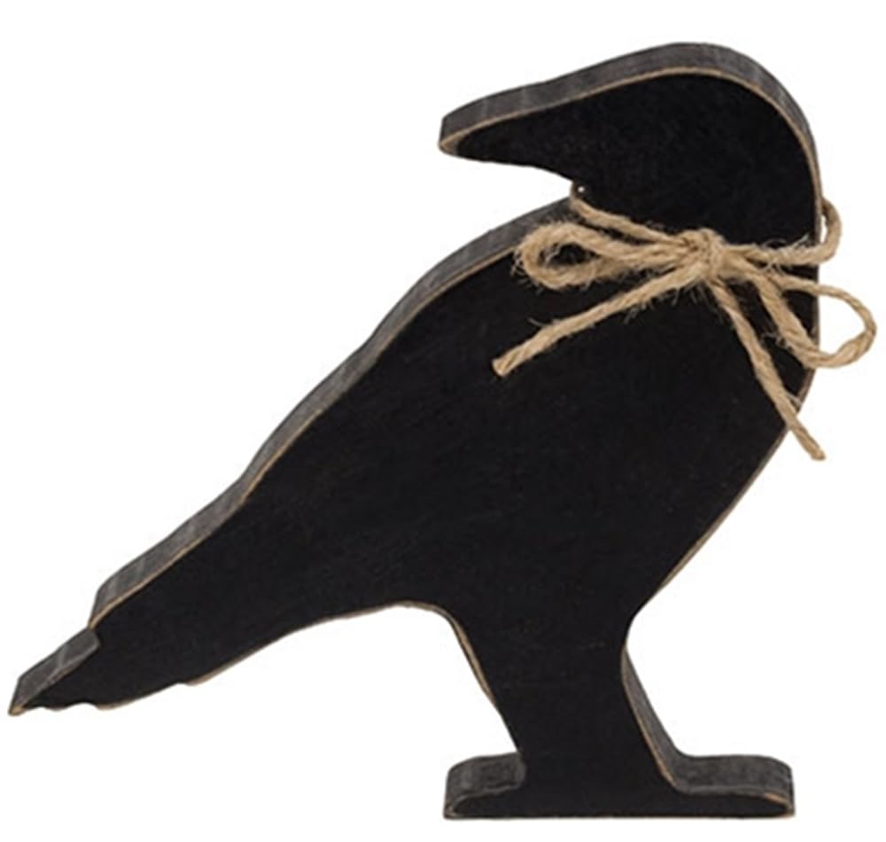 HAPPY DEALS ~ Wooden Crow Sitter w/Jute Bow | 5 x 4.25 Inches Black Crow Primitive (1 Black Crow)