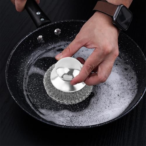 Image of 2pcs Steel Wool Scrubber with 2pcs Replacement Wire Pads Set, Metal Scrubber Pot Scrubbers Scouring Brush, Kitchen Cleaning Supplies for Dishes Stoves Barbecue Grills Wash Sink (Silver)