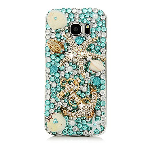 S7 Edge Case, Samsung Galaxy S7 Edge Case - Mavis's Diary 3D Handmade Blue Ocean Series Full Diamonds Bling Crystal Golden Anchor Starfish Cute Shells Design [Full Edge Protection] Clear Hard PC Cover
