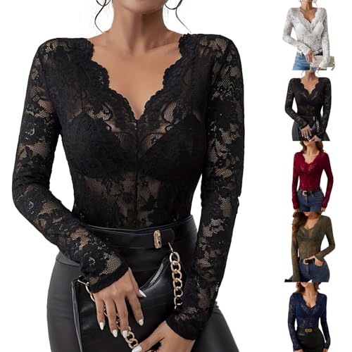 Jersey Mujer Otoño Algodon Camiseta Encaje Manga Larga Mujer Basicas Elegante Blusa Cuello V Casual Tallas Grandes Sueter Camiseta Interior Invierno Punto Termica Sweater Top(Negro,L)