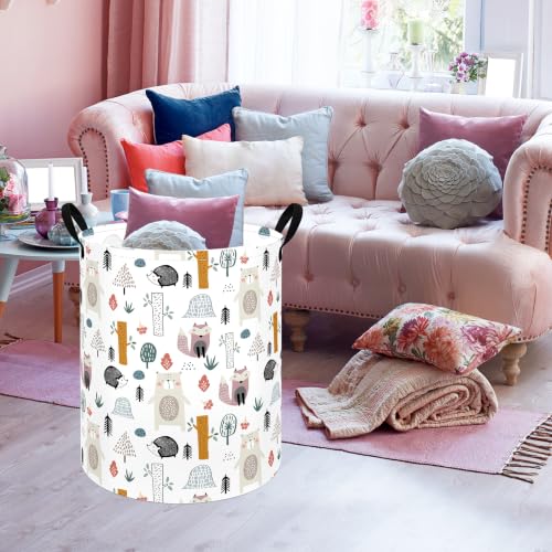 Image of Collapsible Storage Basket 15.7 inch Dx19.7 inch H, Cute Print Fabric Laundry Hamper with Handles, Foldable Storage Bin for Kids Nursery Bedroom Toy Clothes Organizer(Woodland Animals)