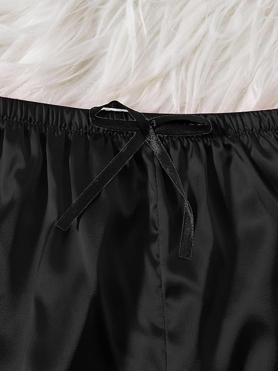 SOLY HUX Women's Satin Pajama Set 4pcs Floral Lace Trim Cami Lingerie Sleepwear with Robe Plain Black Satin Large