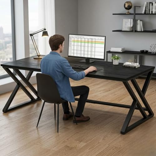 Image of Modern Industrial Computer Desk | Extra Long, Home Office Study Writing Table | Wooden Workstation with Metal Frame | Executive Gaming Desk | Black | 160x80x75 cm