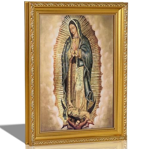 Gold Framed Our Lady Wall Art Our Lady of Guadalupe Wall Decor Religious Catholic Poster Painting Picture Virgin Mary in Prayer Canvas prints for Altar Living Room Bedroom Decoration 9X11in