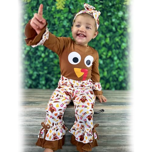 Image of HINTINA Toddler Baby Girls Halloween Thanksgiving Outfits Bell Bottom Flared Pants Set
