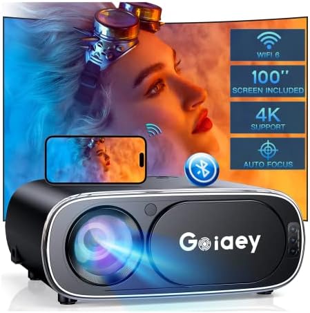 【Auto Focus】Projector with WiFi 6 and Bluetooth 5.2 with 100'' Screen, Goiaey 490 ANSI Native 1080P 4K Support Movie Video Projector, Auto 6D Keystone, Portable Projector for iOS/Android/TV Stick/PS5