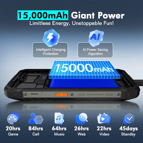 Blackview Rock 1 Android 16 Outdoor Handy ohne Vertrag 4G, 24GB+256GB, 15000mAh Outdoor Smartphone, 6.56" HD+ Dual Pantalla, 20MP+16MP, IP68 Wasserdicht Baustellenhandy, Gemini AI, NFC, OTG, Schwarz – Bild 5