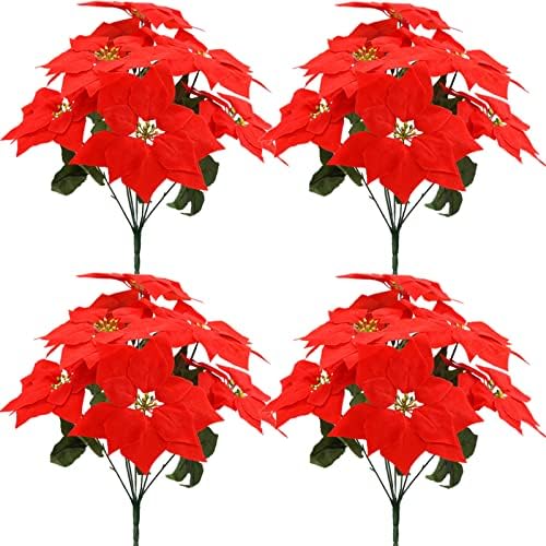Wereves 4 PCS Fake Poinsettia Flowers with Stem 7 Heads Velvet Poinsettia Floral Bouquet Artificial Christmas Flowers for Table Door Stair Home Decor