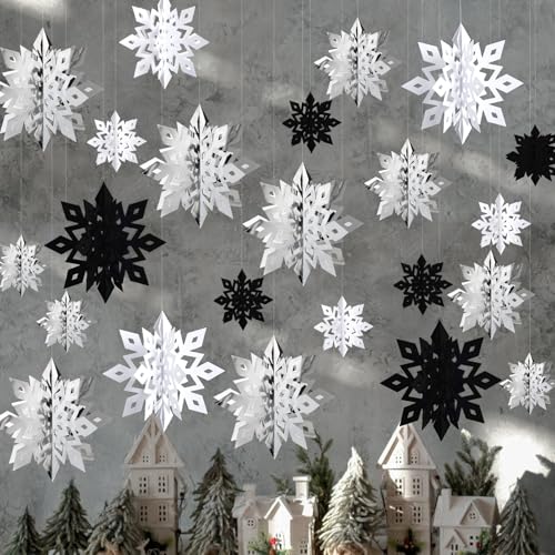 Image of OuMuaMua Christmas Snowflake Decorations Indoor, 24PCS 3D Paper Snowflakes Hanging Ornaments Snowflake Garlands for Xmas Christmas Tree Winter Wonderland New Year Party Home Decorations