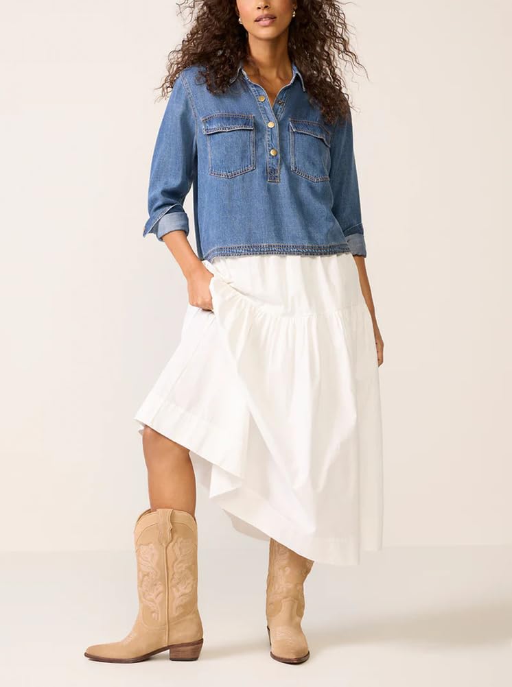 Chemise en Jean Décontractée pour Femmes À Col en V Manches Longues Boutonnée Et À Enfiler