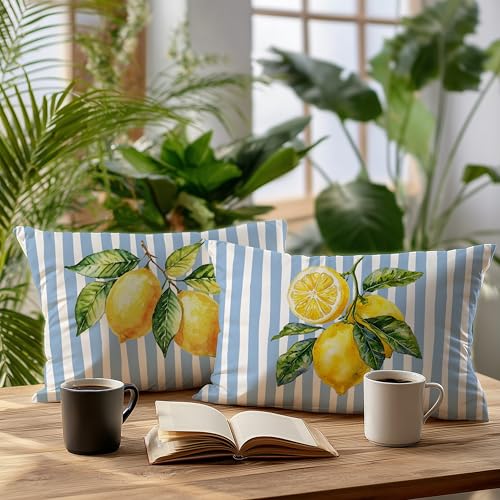Image of Blue and Yellow Summer Italian Mediterranean Amalfi Coast Lemon Pillow Cover Decor 12x20,Italian Striped Decorative Throw Pillow Cover Decor for Couch Set of 2 Double-Sided