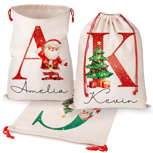 HooAMI 5 Pack Personalized Santa Sacks Drawstring Christmas Bags with Initial Name - Reusable Christmas Gifts Bags, Custom Large Santa Bag for Xmas Gifts Package Storage, Christmas Sacks for Presents
