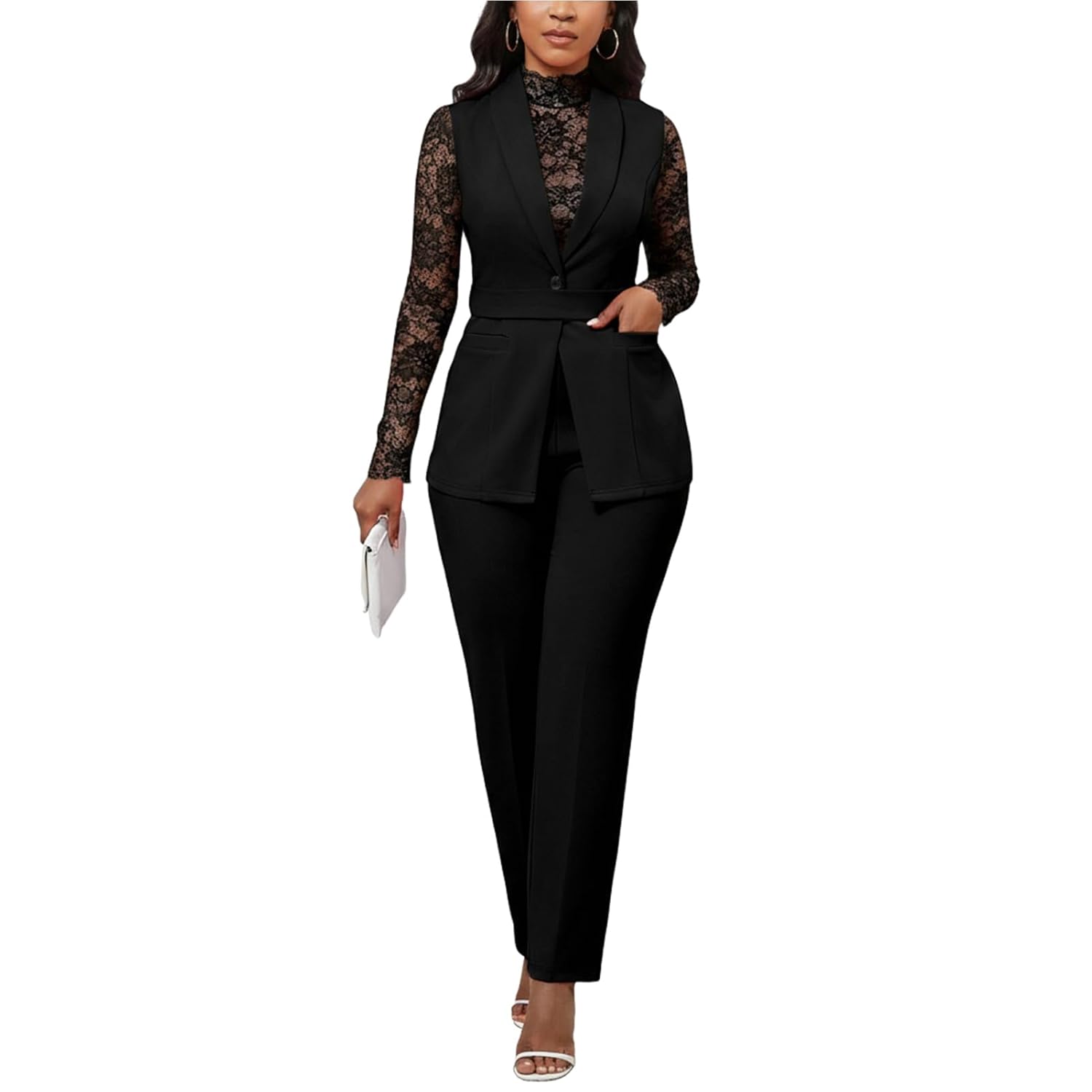 Kafiloe Pant Suits for Women Dressy Belted Sleeveless Vest Blazer Sets 2 Piece Business Casual Outfit