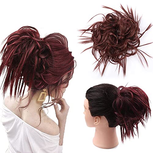 Gx Beauty Tousled Updo Messy Bun Hair Piece With Elastic Rubber Band Extensions Hairpiece Synthetic Hair Extensions Scrunchies Updo Hairpiece for Women Daily Use (Dark Wine Red#)