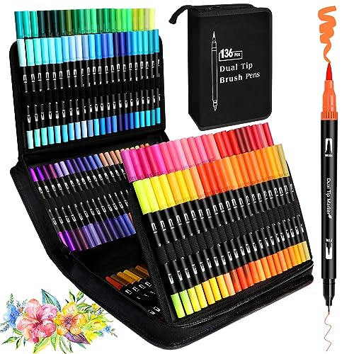Genérico 136 Farben Filzstifte Set Dual Brush Pen Dicke und Dünne Stifte Set für Erwachsene und Kinder Doppelfasermaler Pinselstifte für Handlettering Kalligraphie