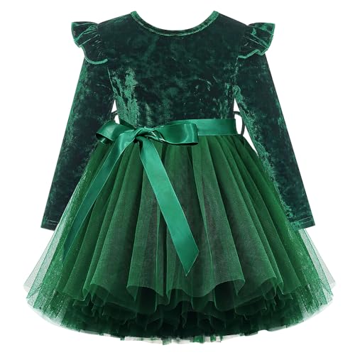 UNICOMIDEA 1-6T Toddler Velvet Dress Little Girls Tutu Tulle Crewneck Long Sleeve Holiday Party Fashion Dresses