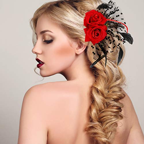 FRCOLOR Bridal Hair Clip Floral Rose Hair Pin with Veil Fascinator for Wedding Halloween Party Accessories for Women and Girls - Image 4
