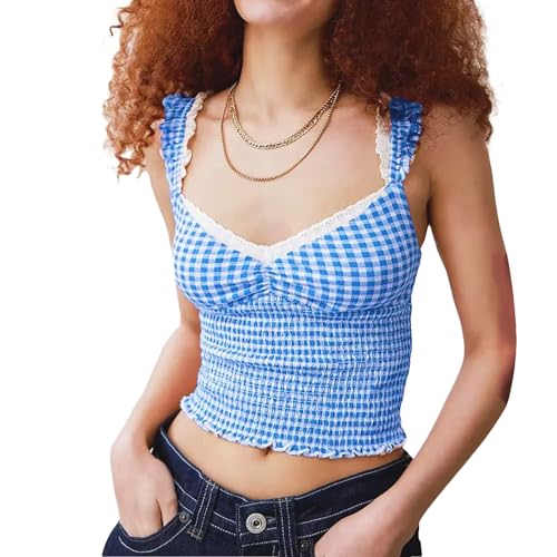 Women Y2k Gingham Crop Tops Sleeveless V Neck Shirred Peplum Tank