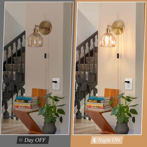 Image of Plug-in Wall Sconce, Vintage Wall Decorative Lamp with Amber Glass Shade, Indoor Plug-in Wall Sconce for Bedroom, Living Room, Hallway