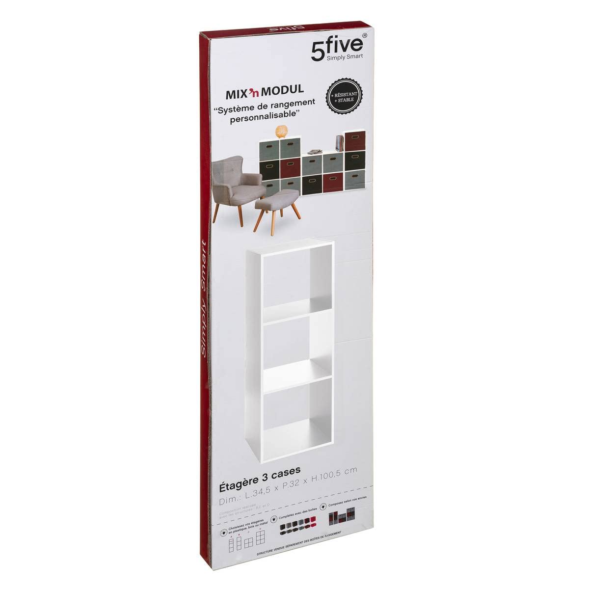 5 five simply smart 5five - Étagère Colonne Mix'N'Modul Blanche - 3 Cases, L 34,5 x P 32 x H 100,5 cm - Meuble de Rangement pour Salon, Chambre, Bureau