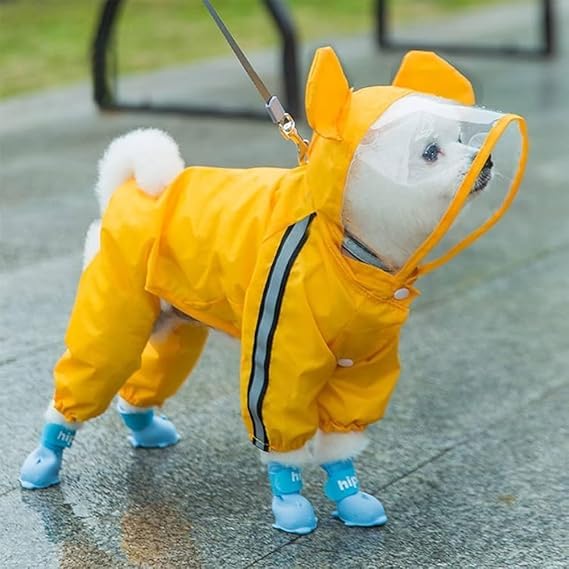 Dog Raincoats Rain Snow Coats Waterproof Clothing (4 Four Legs) Raincoat Full Cover Dogs Hooded Transparent (with Decorative Hooded Ears) (Yellow, 16,) 3