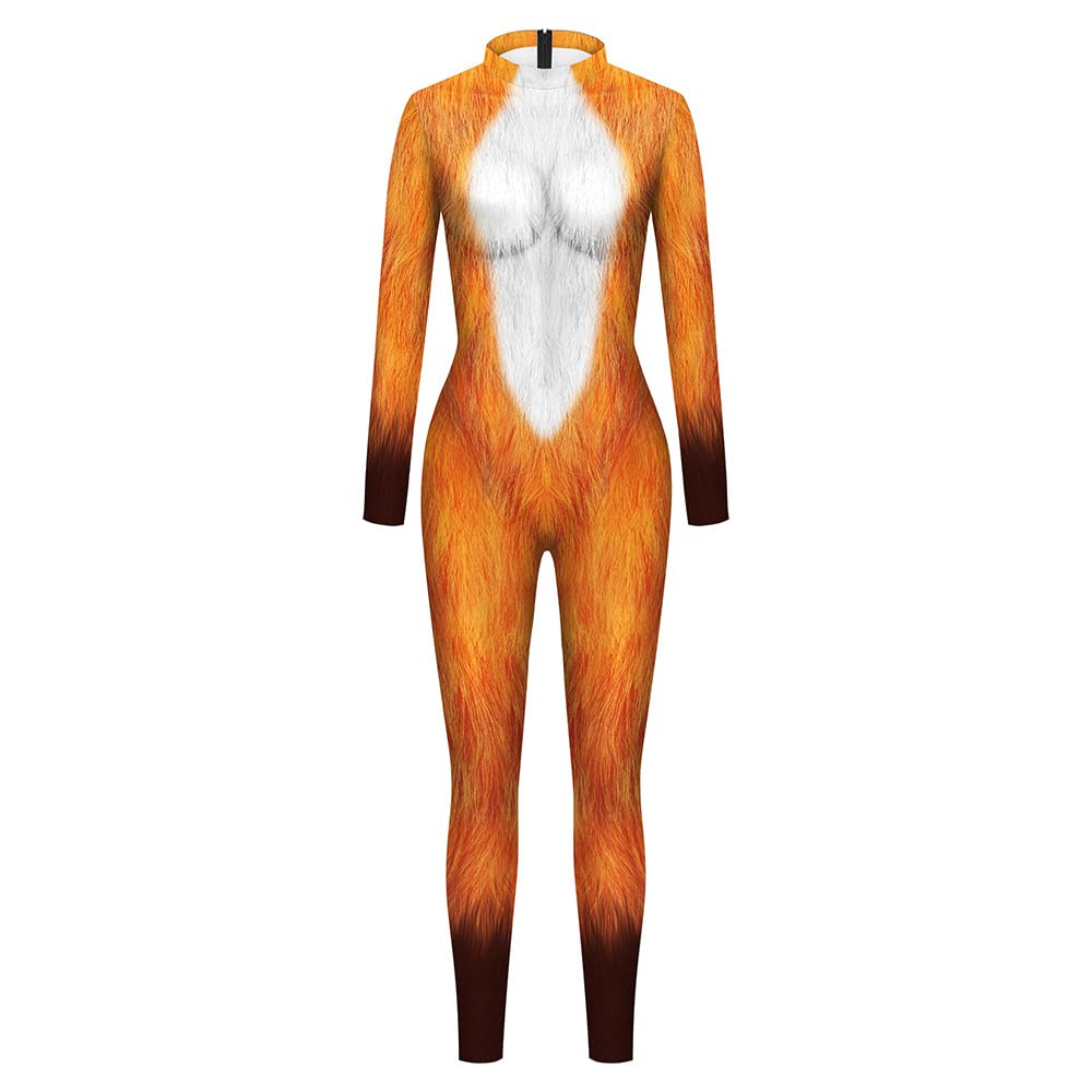 Surwin Women's Fox Catsuit Halloween Costume, 3D Animal Tiger Print Leopard Print Long Sleeve Skinny Stretch Onesies Jumpsuit Cosplay Adults Fancy Dress Up