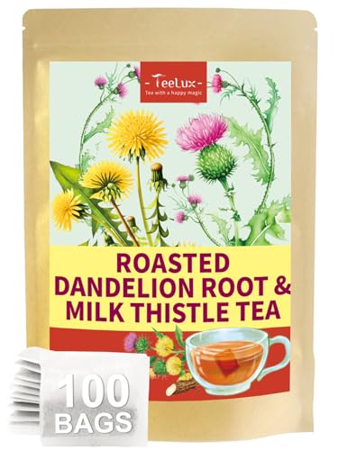 Image of TeeLux Roasted Dandelion Root Tea with Milk Thistle, Caffeine Free, 100 ct | Roasted Dandelion & Milk Thistle Herbal Tea Bags, Smooth & Mellow Taste, Rich Roasted Aroma, Gluten Free, Hot or Iced