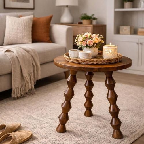 Image of Decor Corner Table Coffee Table Side Table, Round Solid Wood End Table Coffee Table Flower Stand Sofa Side for Living Room Balcony (Walnut)