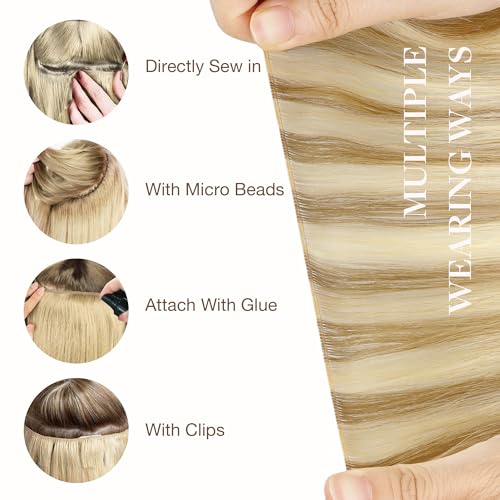 Image of GOO GOO Genius Weft Hair Extensions Human Hair, Sew In Weft Extensions, Seamless Blend & No Bulk Flat, Natural Volume for Women, 16 /22 Light Blonde Highlighted Golden Blonde 14 Inch 50g