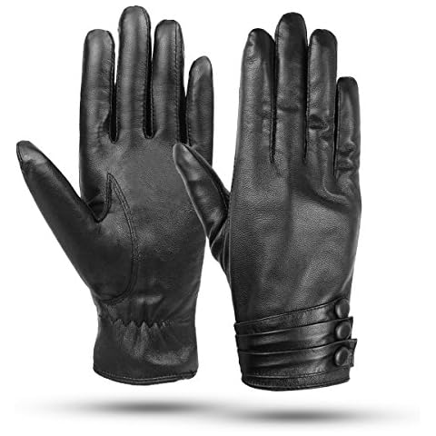 Kordear Womens Leather Gloves - Women Gloves, Genuine Leather Gloves Ladies Touch Screen Gloves, Soft Warm Lining Winter Gloves Womens Mittens With Three Button Decoration, One Size, Black Cover
