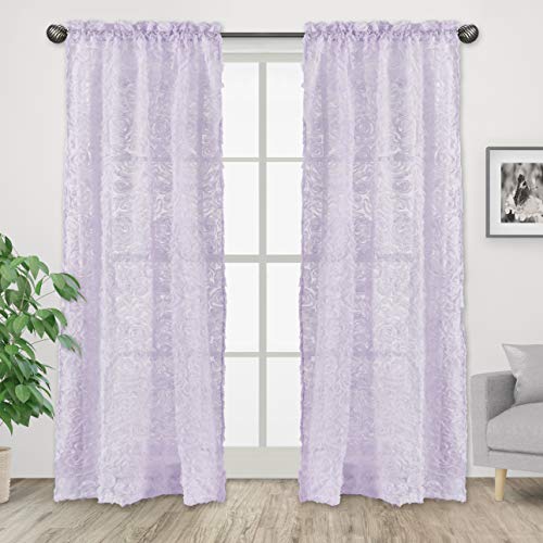Image of Sweet Jojo Designs Purple Floral Rose Window Treatment Panels Curtains - Set of 2 - Solid Light Lavender Flower Luxurious Elegant Princess Vintage Boho Shabby Chic Luxury Glam High End Roses