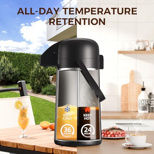 Image of Coffee Carafe for Keeping Hot - Gezoss 64OZ / 1.9L Airpot Coffee Dispenser with Pump - Large Coffee Carafe for Hot Drinks Tea Liquid - Insulated Stainless Steel Hot Water Beverage Urn for Parties
