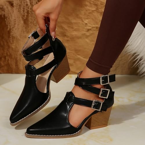 Womens Chunky Low Heels Closed Pointed Toe Ankle Strap Pumps Vintage Dress Wedding Party Shoes Women's Leather Block Heel Roman Sandals with Buckle Comfortable Retro Belt Shoes2